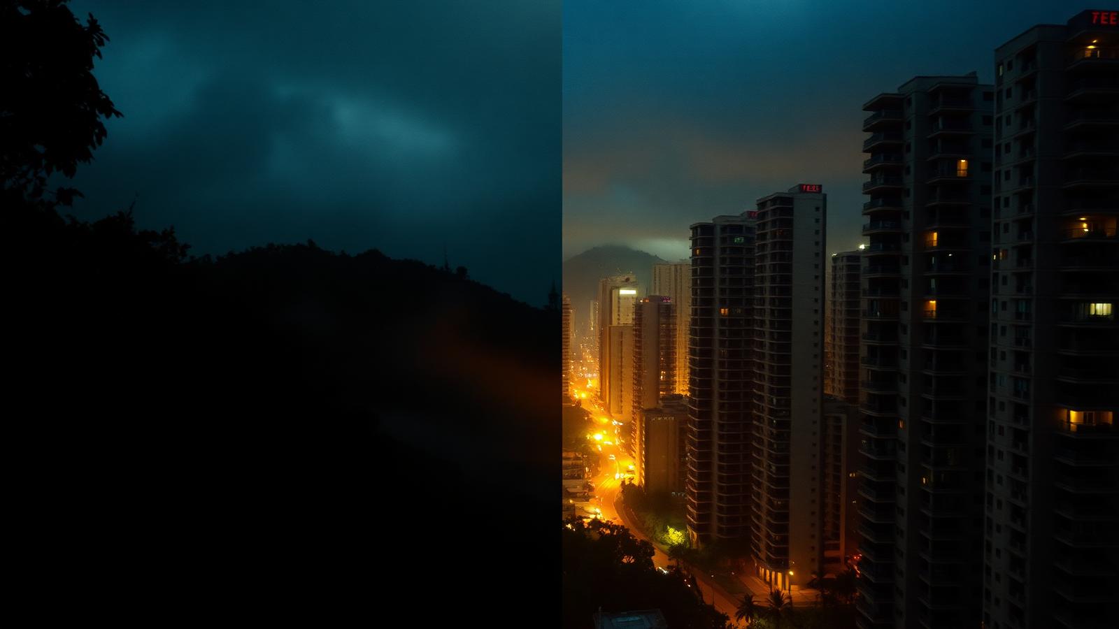 Metade floresta escura, metade cidade noturna brasileira